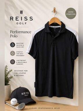Reiss Golf Performance Polo Shirt Black White Colorblock Size M